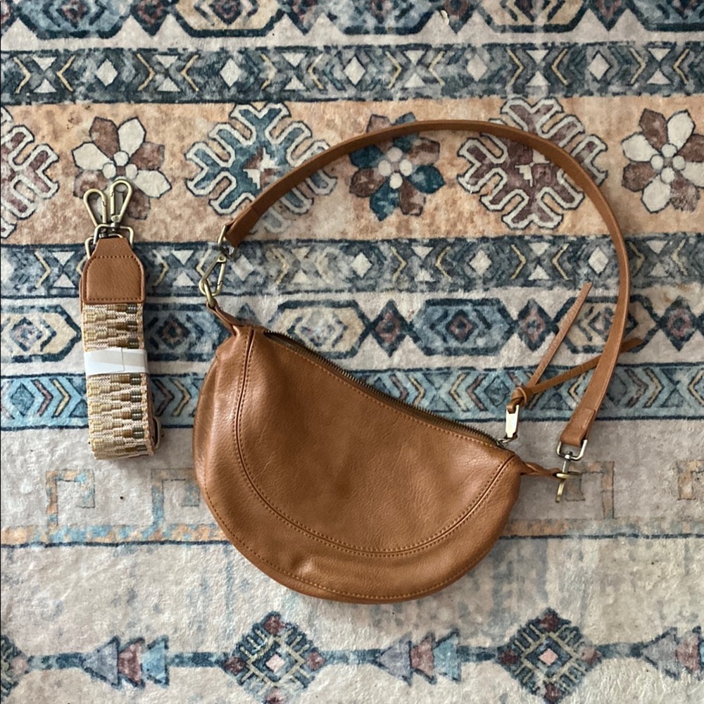 Anthropologie Elegant Tan Leather Crossbody Bag with extra strap